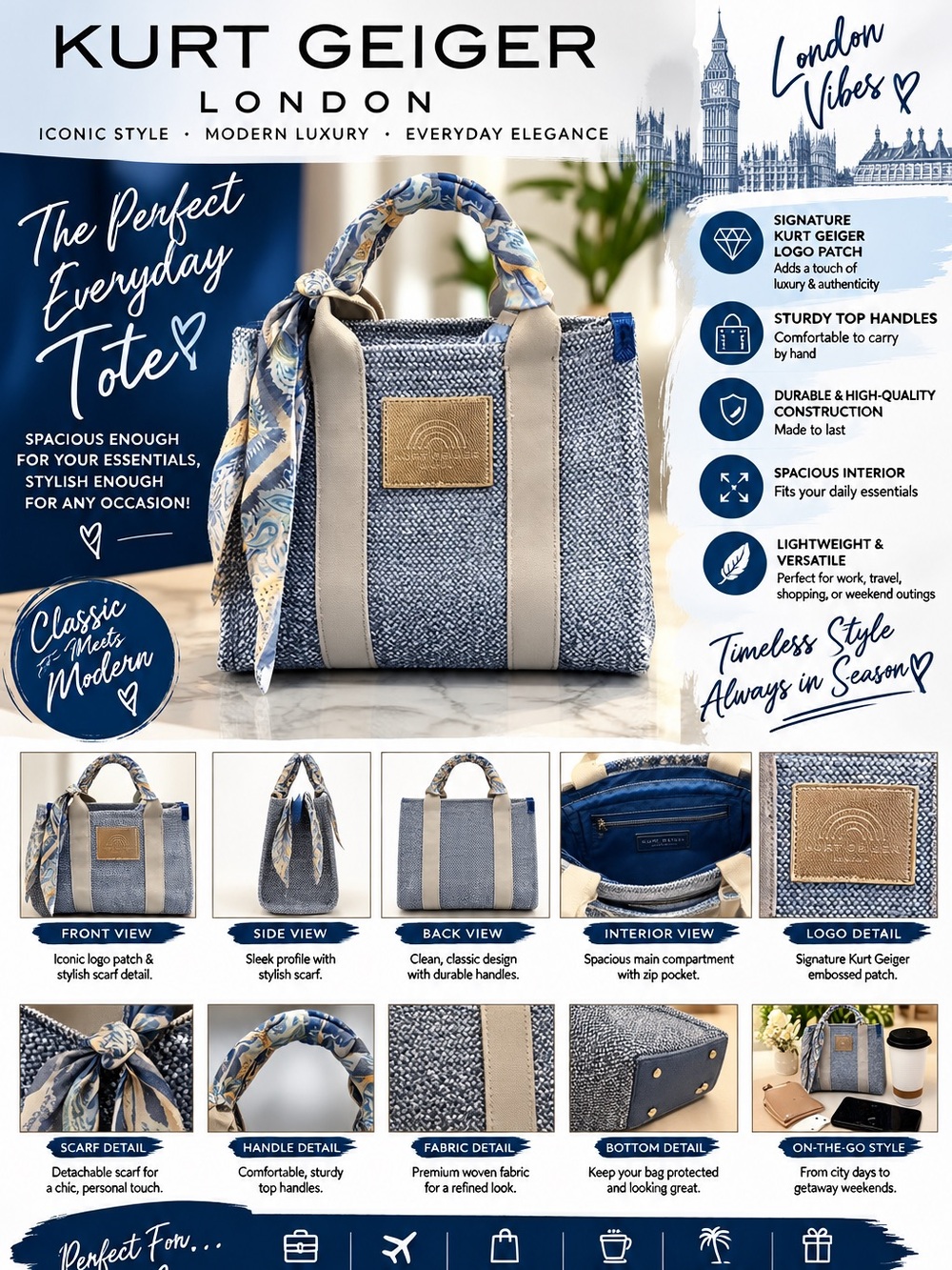 Kurt Geiger Blue Woven Mini Tote with Scarf Accent